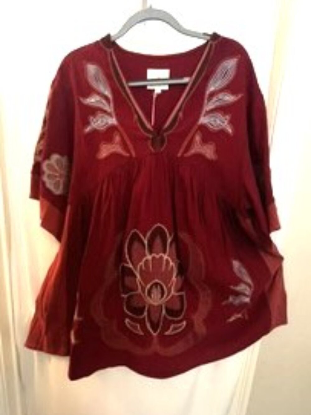 Dress/ Kaftan Embroidered Cotton Tunic V-Neck Boho -Omgee Med Wine